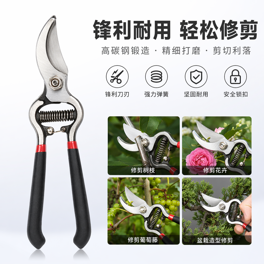 Black handle garden scissors, stainless steel sharp pruning shears, household garden tools