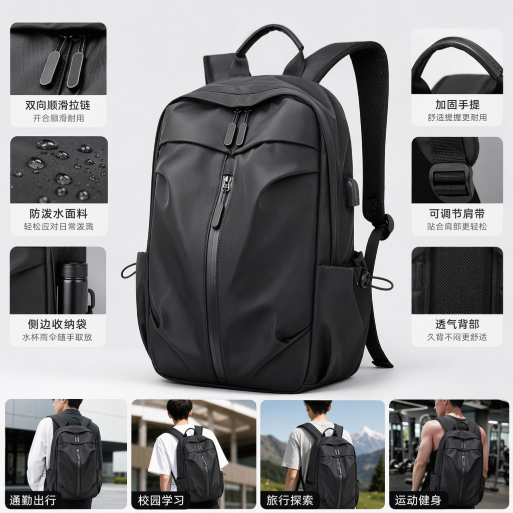 Black wear-resistant nylon commuting backpack, lightweight and water-repellent, suitable for students and office workers