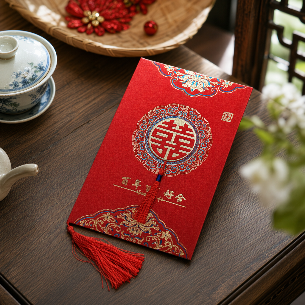Red wedding invitation for a hundred years of good marriage, Double happiness, circular pattern, red and blue tassels, golden double happiness character, gift box style details Picture