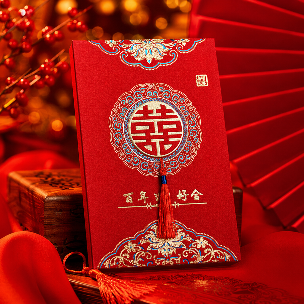 Red wedding invitation for a hundred years of good marriage, Double happiness, circular pattern, red and blue tassels, golden double happiness character, gift box style Specification image