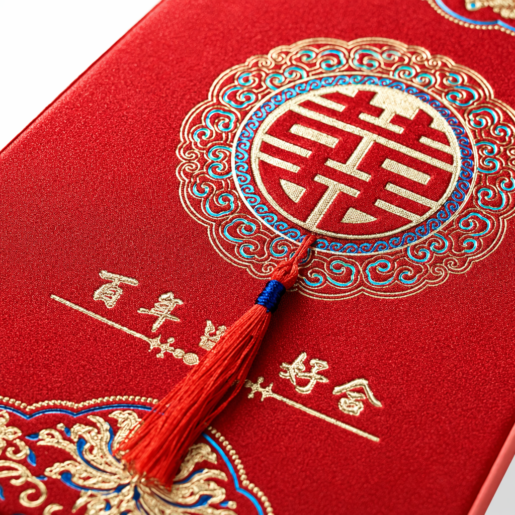 Red wedding invitation for a hundred years of good marriage, Double happiness, circular pattern, red and blue tassels, golden double happiness character, gift box style Application Scenario
