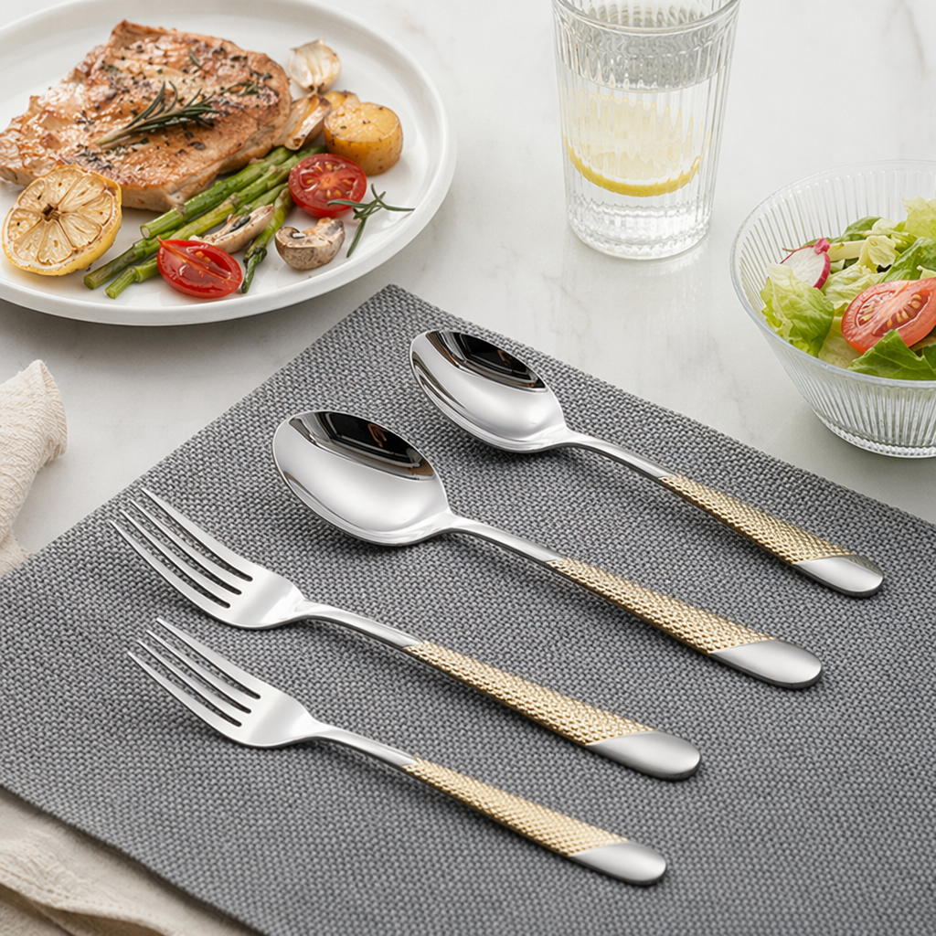 16-piece golden texture tableware set, stainless steel household Western-style forks, spoons and knives details Picture