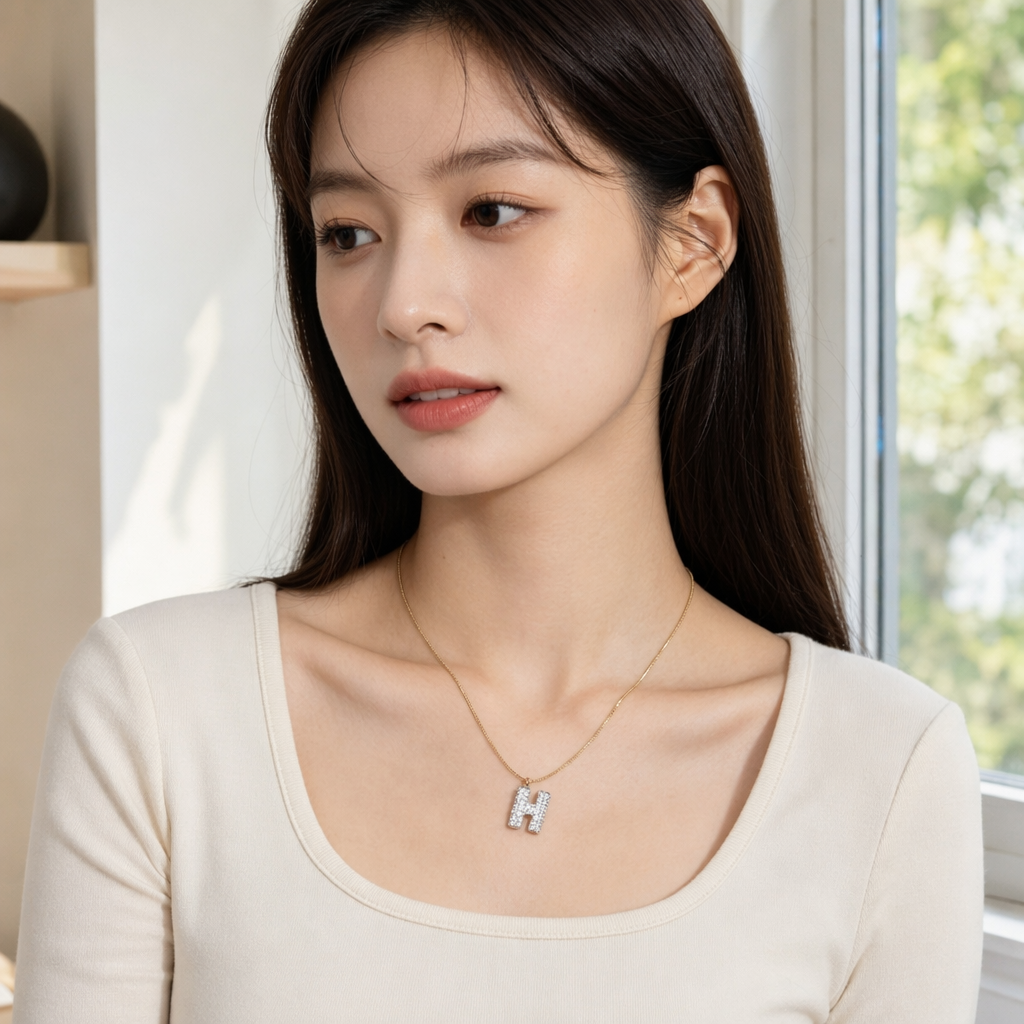 The golden letter H diamond necklace for women is exquisite, fashionable and versatile details Picture