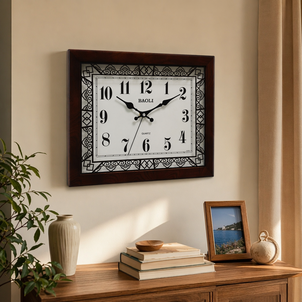 BAOLI dark brown wooden frame wall clock, white dial, black digital hour markers, QUARTZ black hands, cloud pattern skeletonized details Picture