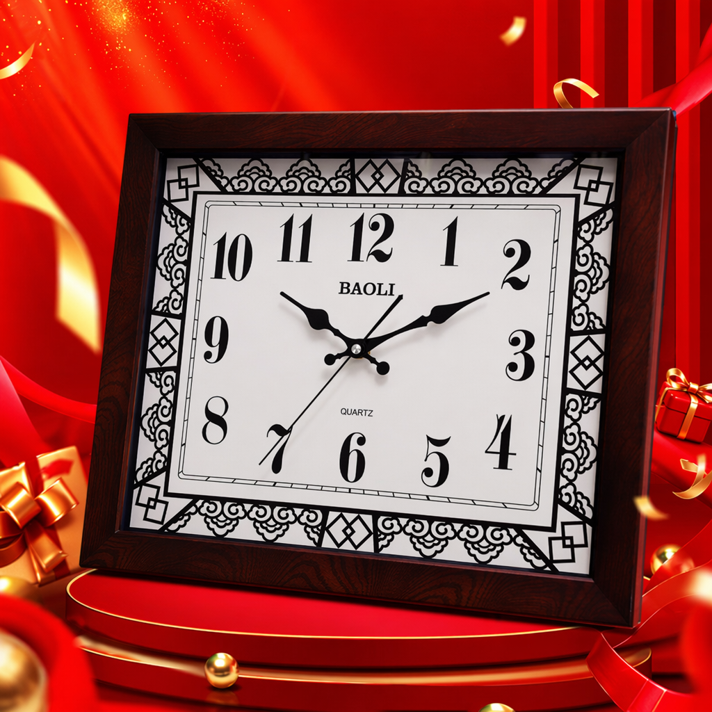 BAOLI dark brown wooden frame wall clock, white dial, black digital hour markers, QUARTZ black hands, cloud pattern skeletonized Specification image