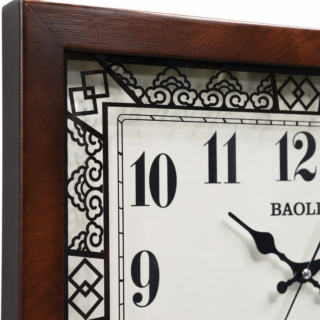 BAOLI dark brown wooden frame wall clock, white dial, black digital hour markers, QUARTZ black hands, cloud pattern skeletonized Application Scenario