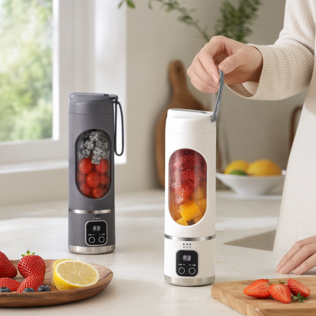 Grey and white dual-color portable juicer, home mini wireless rechargeable juicer details Picture