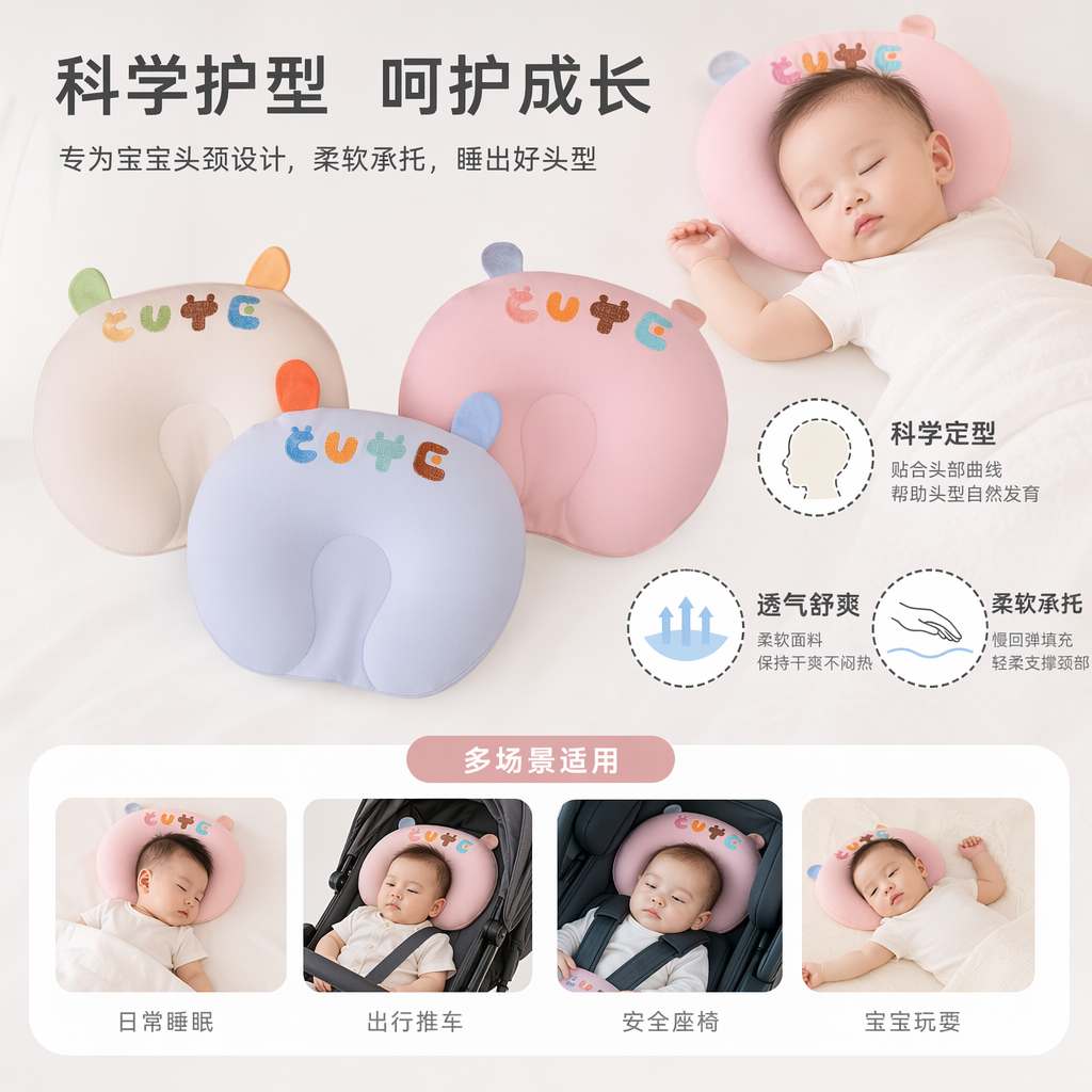彩色U型豆芽枕 颈椎支撑记忆棉枕头家用办公午休枕