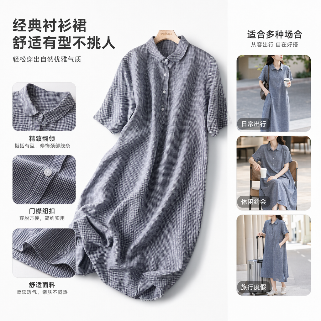 灰白格纹短袖连衣裙 女夏新款修身显瘦A字裙