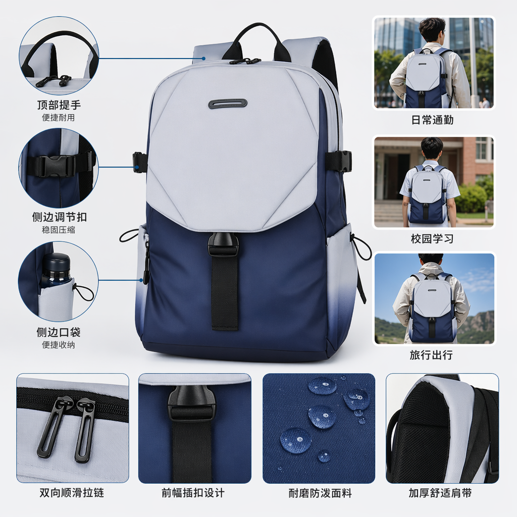 蓝白渐变尼龙防水双肩背包 20L轻量旅行通勤学生用