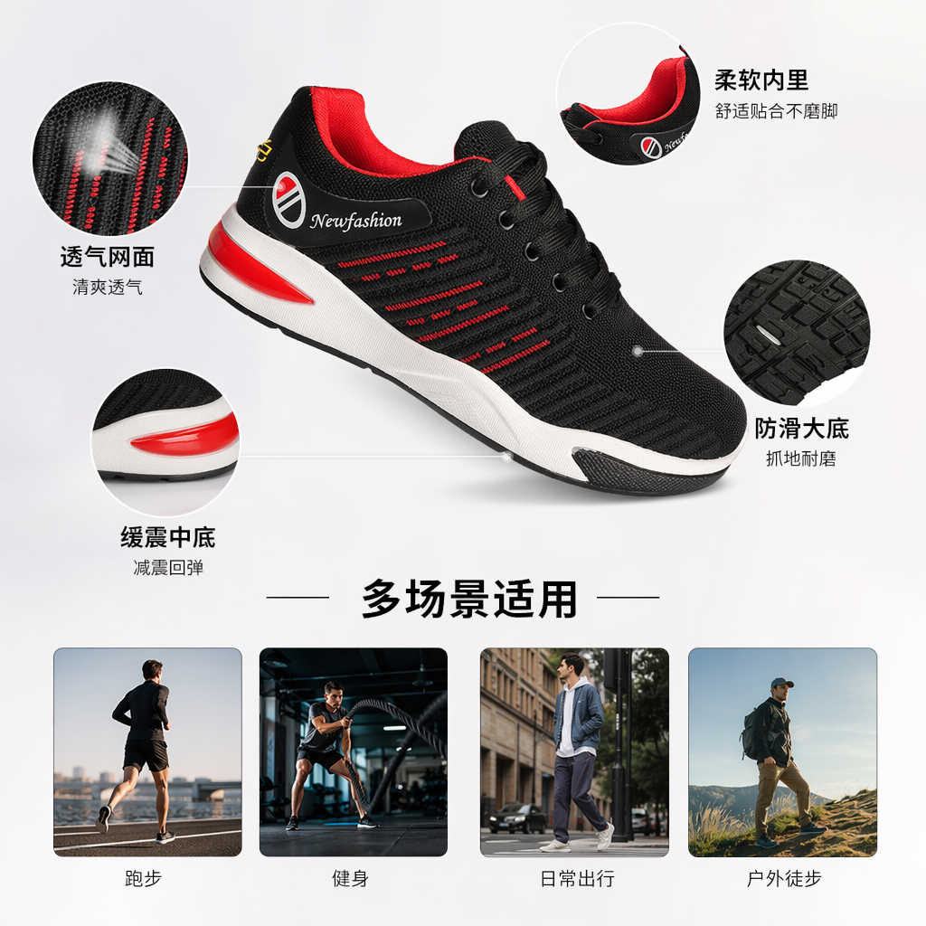 黑色灰色红色三双飞织男款运动鞋