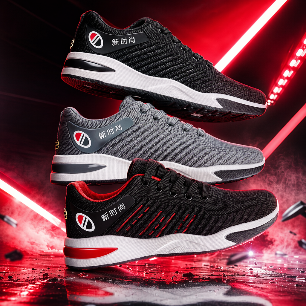 Three pairs of men's sports shoes in black, grey and red Specification image