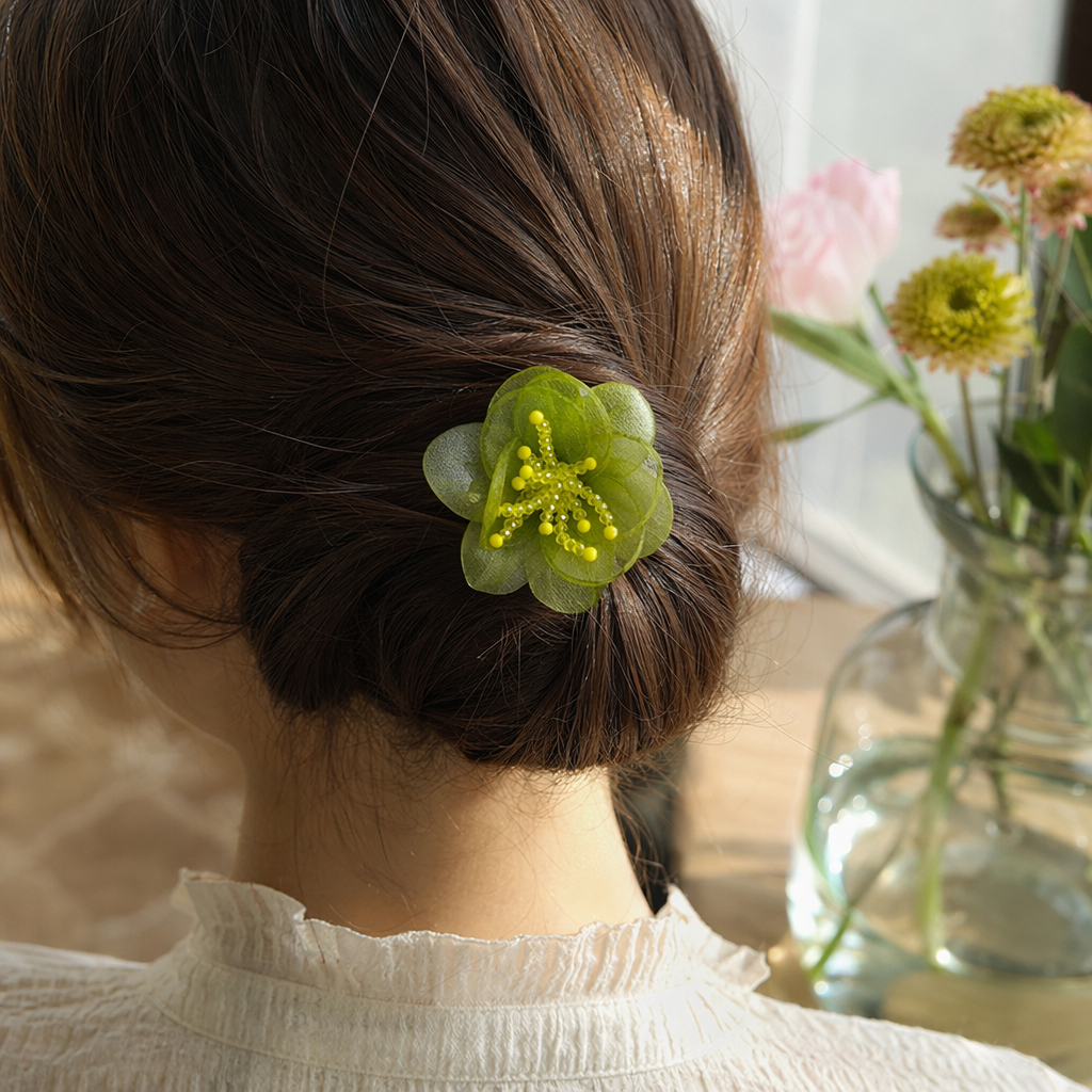 Green gauze flower hair accessory, handcrafted three-dimensional, light and soft, suitable for daily dates details Picture