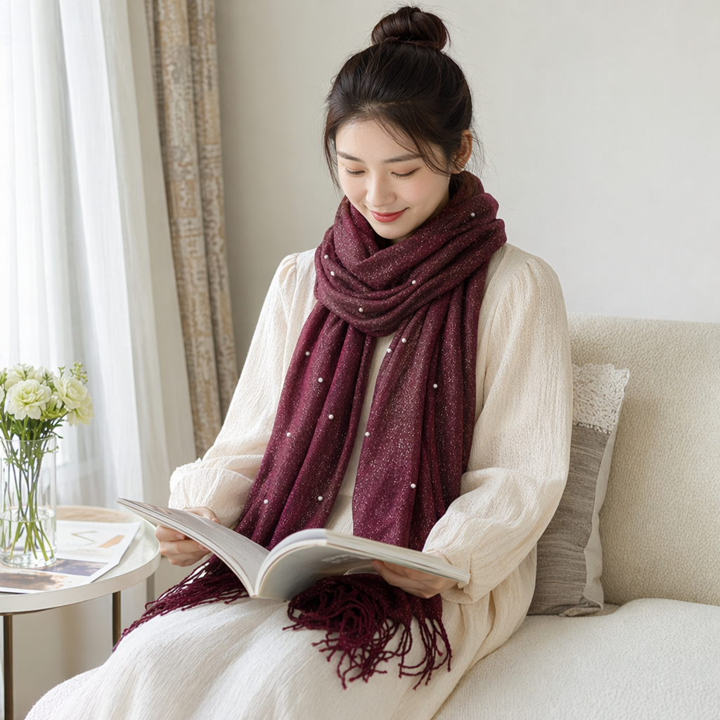 A long knitted wine red pearl tassel scarf for women to keep warm in autumn and winter details Picture