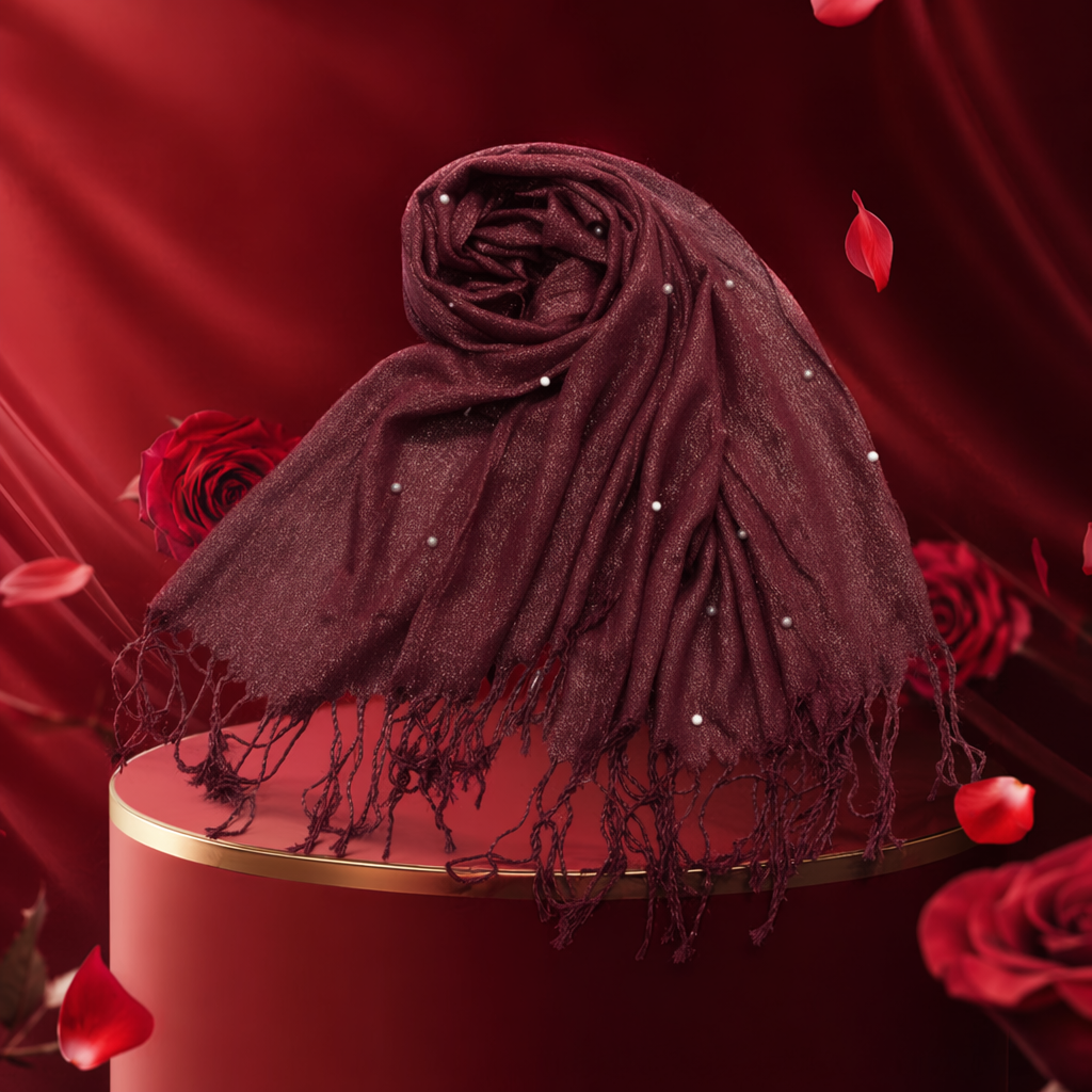 A long knitted wine red pearl tassel scarf for women to keep warm in autumn and winter Specification image