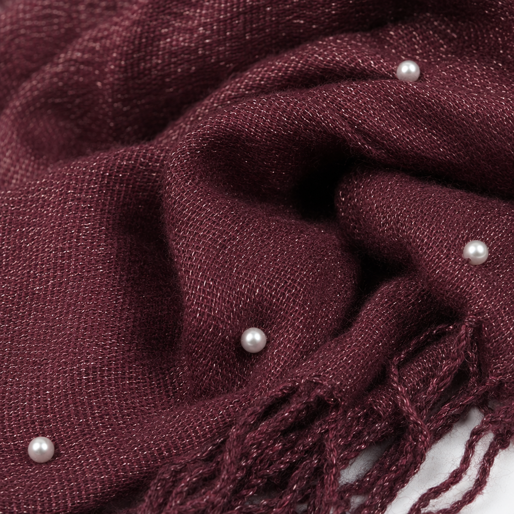 A long knitted wine red pearl tassel scarf for women to keep warm in autumn and winter Application Scenario