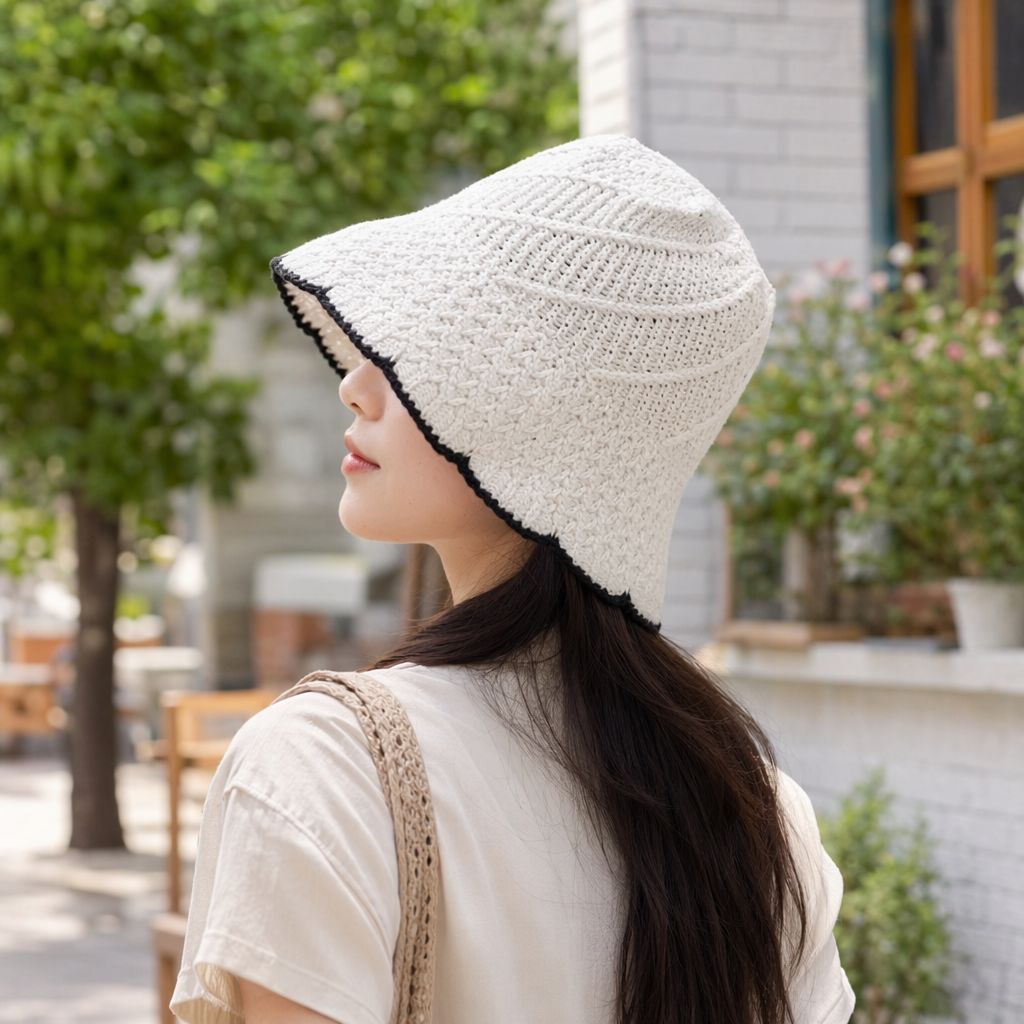 Beige crochet fisherman's hat, casual sun hat, women's spring and summer hat details Picture