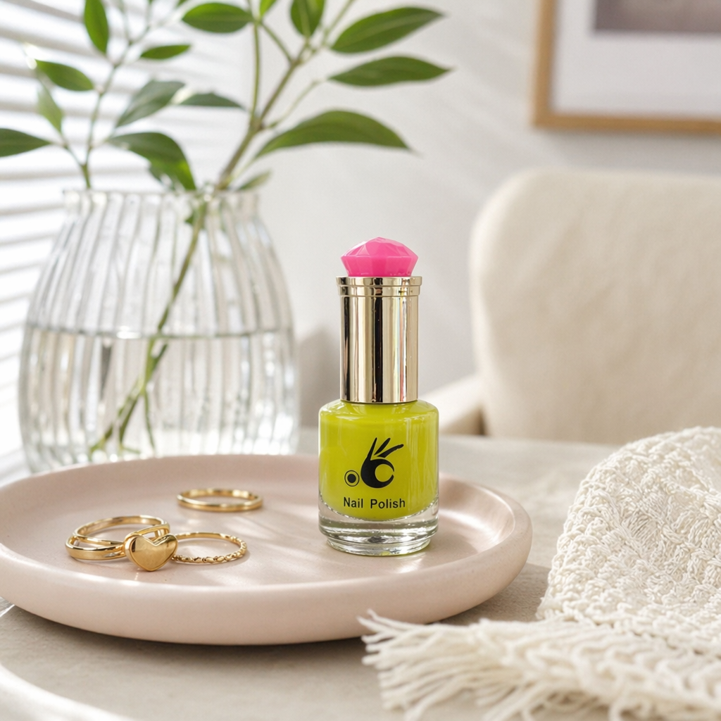 Green nail polish bottle, transparent body, golden cap with pink gemstone top cap, 20ml details Picture