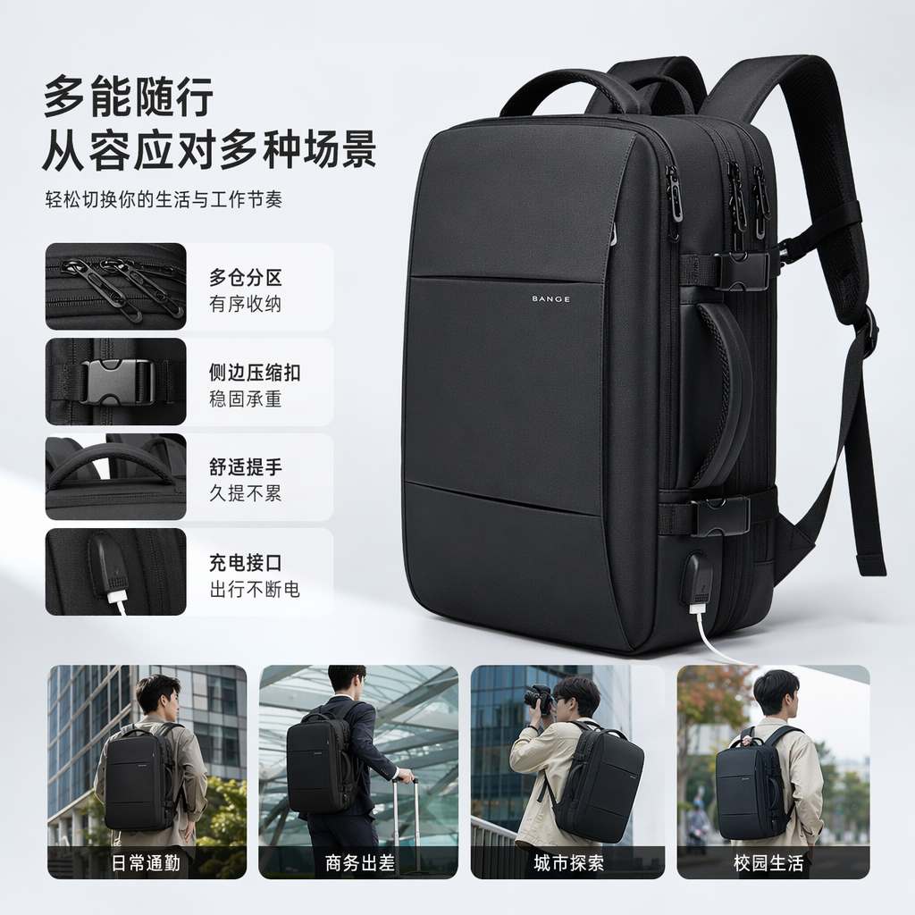 Black backpack, large-capacity, lightweight student commuting travel backpack, unisplinguous