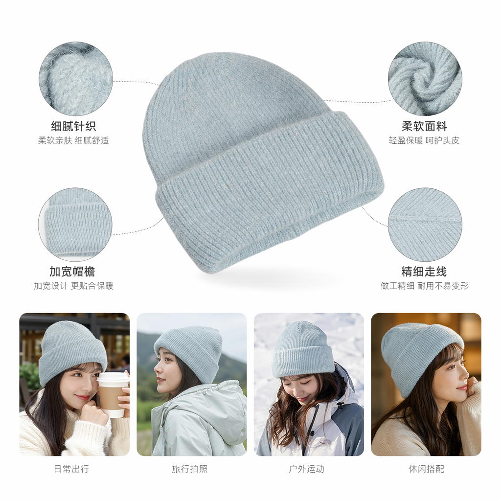 Light blue pure cotton knitted cap, unisex warm woolen cap