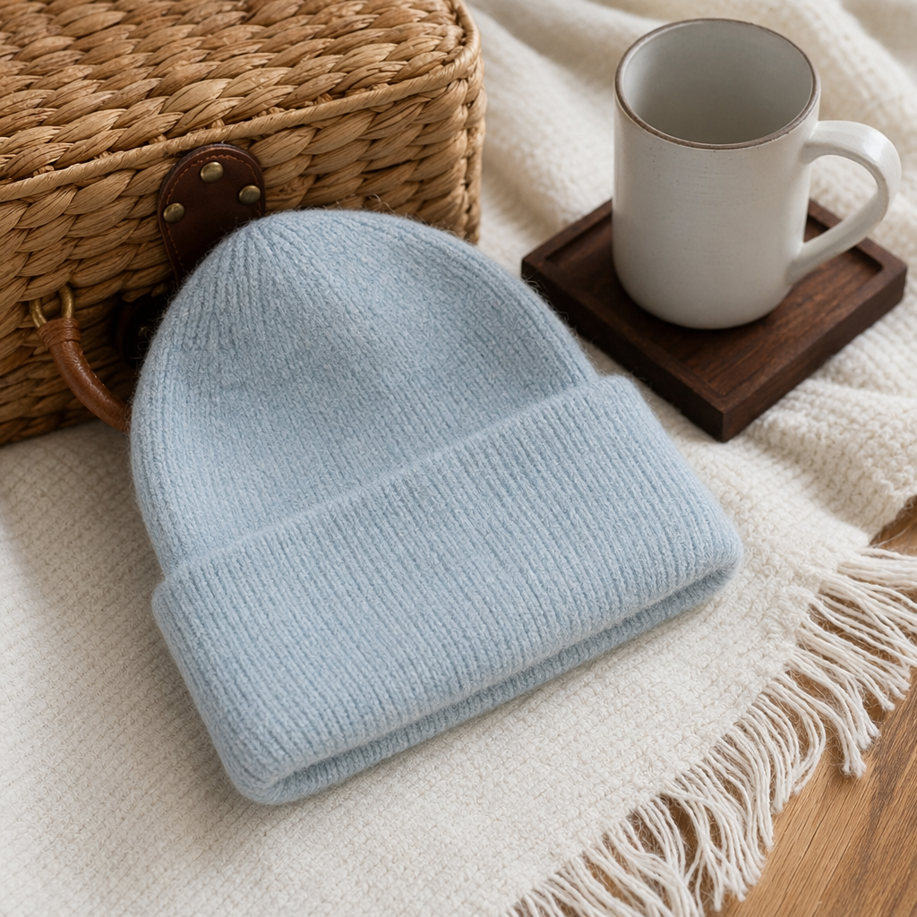 Light blue pure cotton knitted cap, unisex warm woolen cap details Picture
