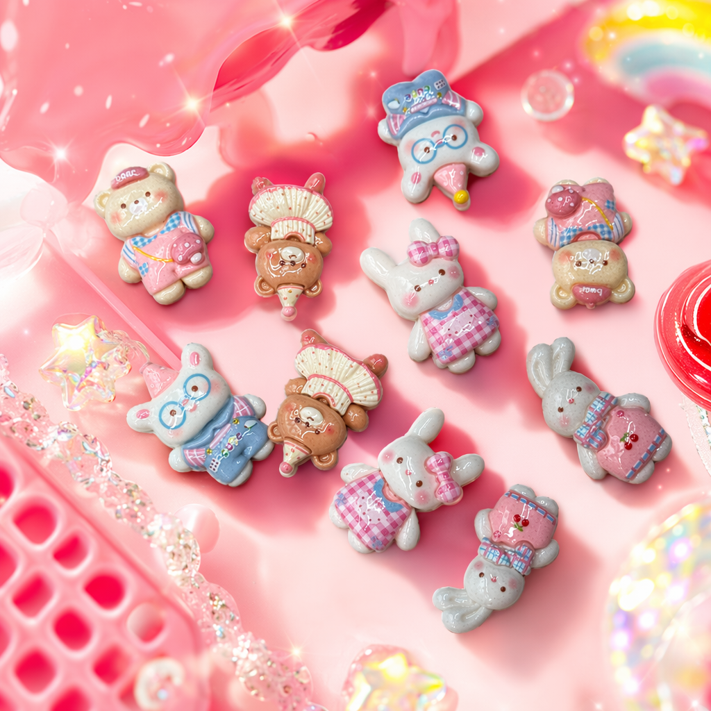 Cute pink cartoon bear and rabbit ceramic ornaments for home decoration Specification image
