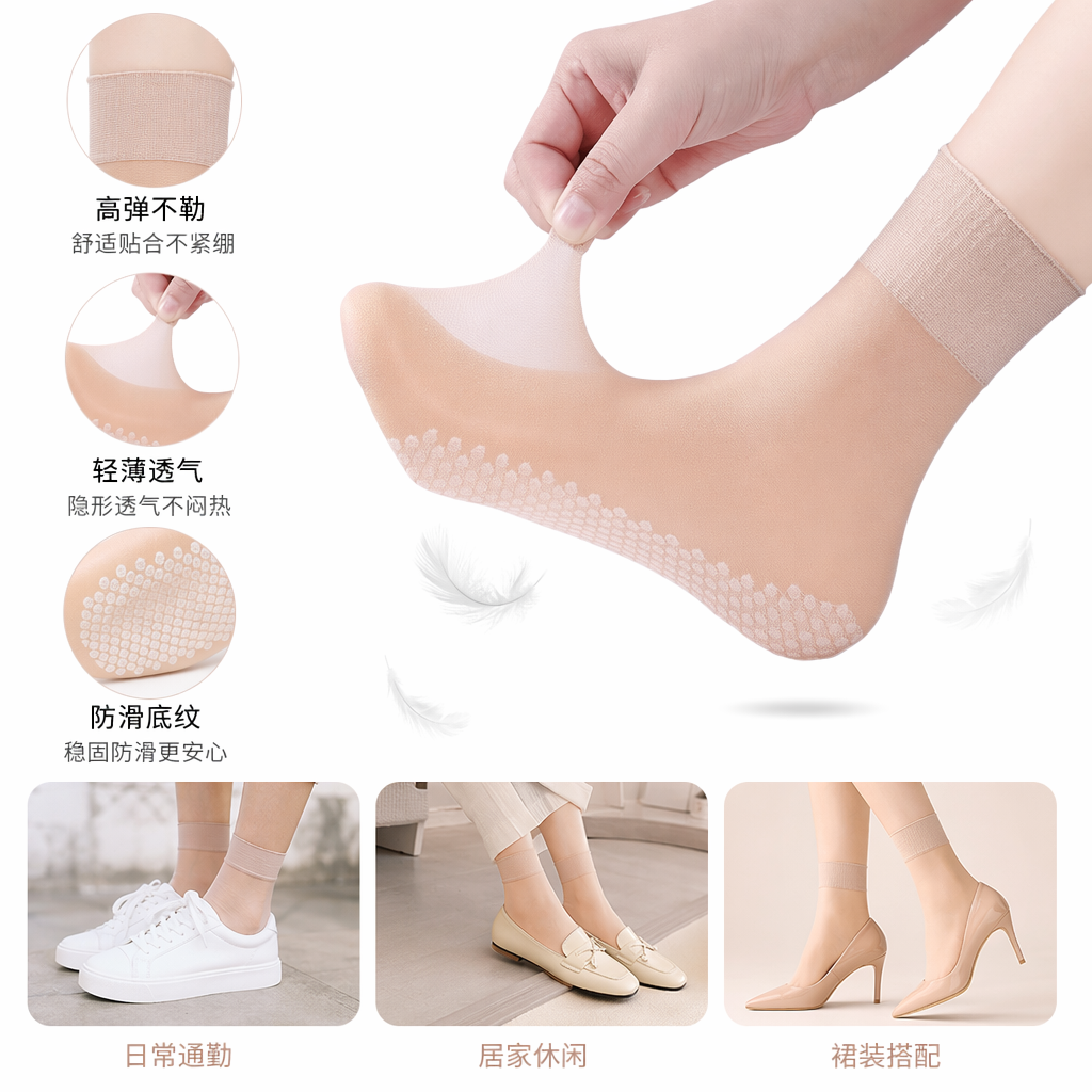 Close-up of skin-colored anti-slip socks for feet, thin, breathable and anti-slip silicone socks for women full image
