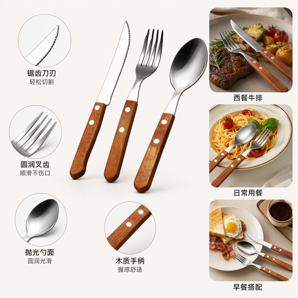 Wooden handle knife, fork and spoon combination set, stainless steel tableware, simple home style