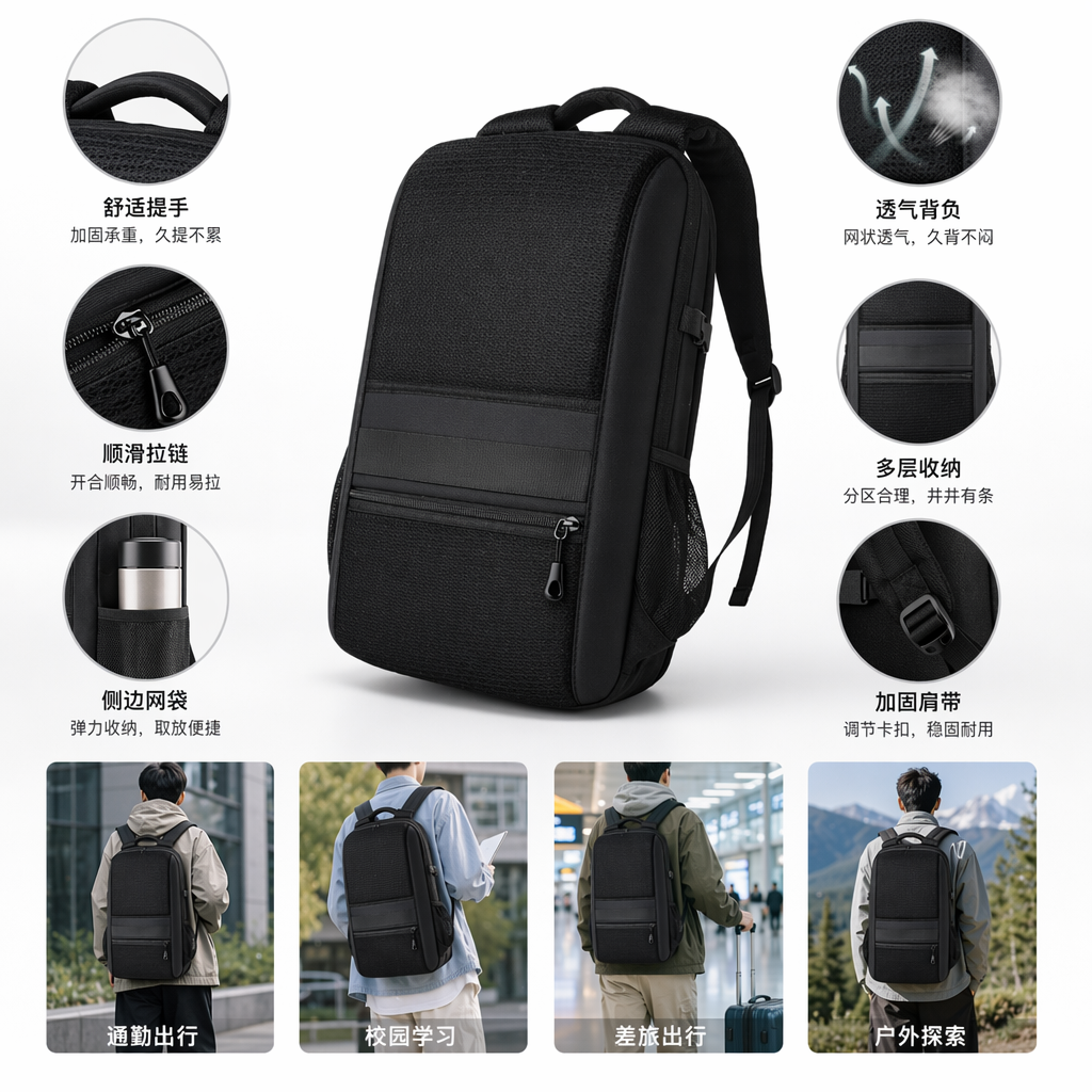 黑色耐磨尼龙通勤背包轻便防泼水大容量
