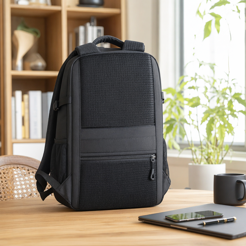 Black wear-resistant nylon commuting backpack, lightweight, water-repellent and with large capacity details Picture