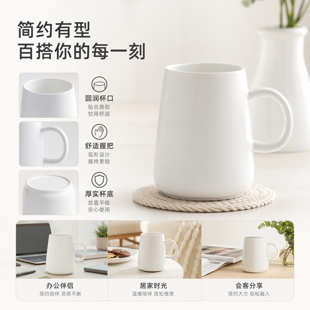 White ceramic cups, simple and high-appearance-level heat-resistant tea cups, coffee cups and water cups for home use