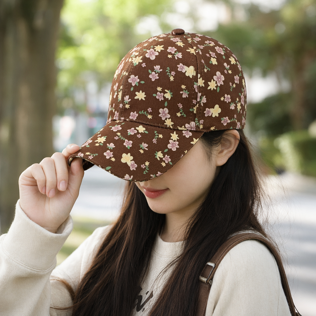 Brown floral baseball cap for women, casual and versatile, with adjustable sunshade and soft top details Picture