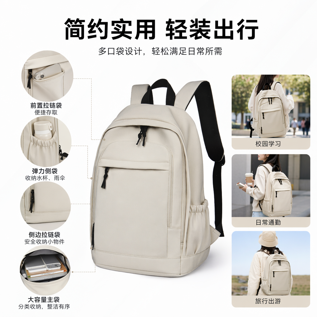 白色双肩包简约百搭轻便大容量学生通勤旅行背包