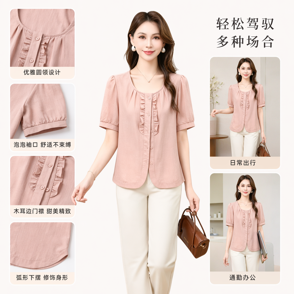 Pink ruffled short-sleeved top for women, a fresh and sweet summer fabric top