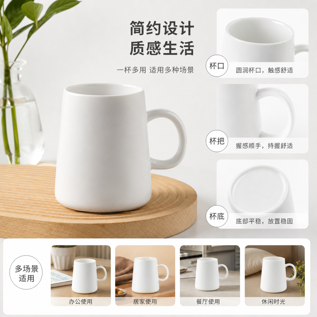 白色陶瓷马克杯简约家用咖啡杯茶杯350ml
