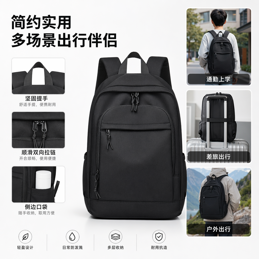Black backpack, nylon waterproof, simple commuting business style, lightweight travel backpack full image
