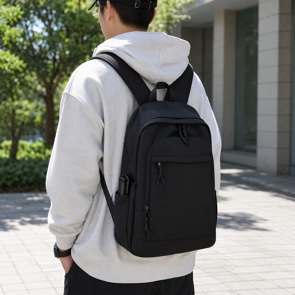 Black backpack, nylon waterproof, simple commuting business style, lightweight travel backpack details Picture