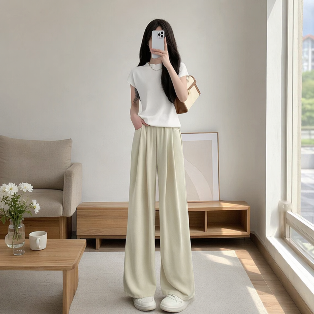 Apricot-colored wide-leg pants, high-waisted and slimming casual pants for women's spring and summer outfits details Picture