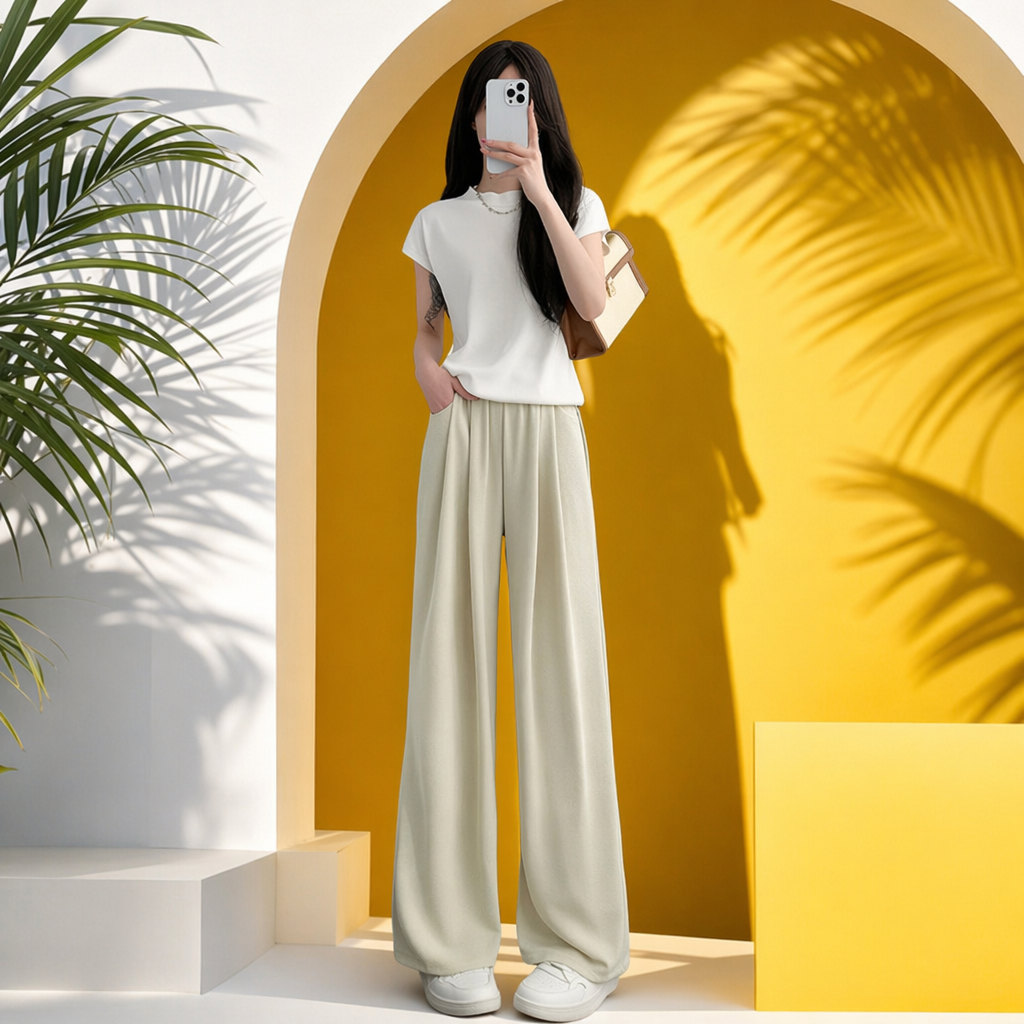 Apricot-colored wide-leg pants, high-waisted and slimming casual pants for women's spring and summer outfits Specification image