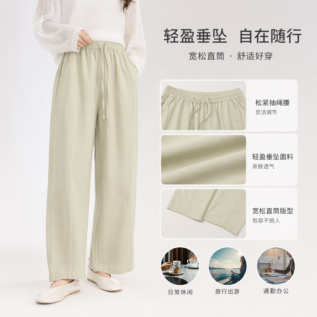 Light green Tencel nine-inch pants are breathable, drape and slimming casual women's pants