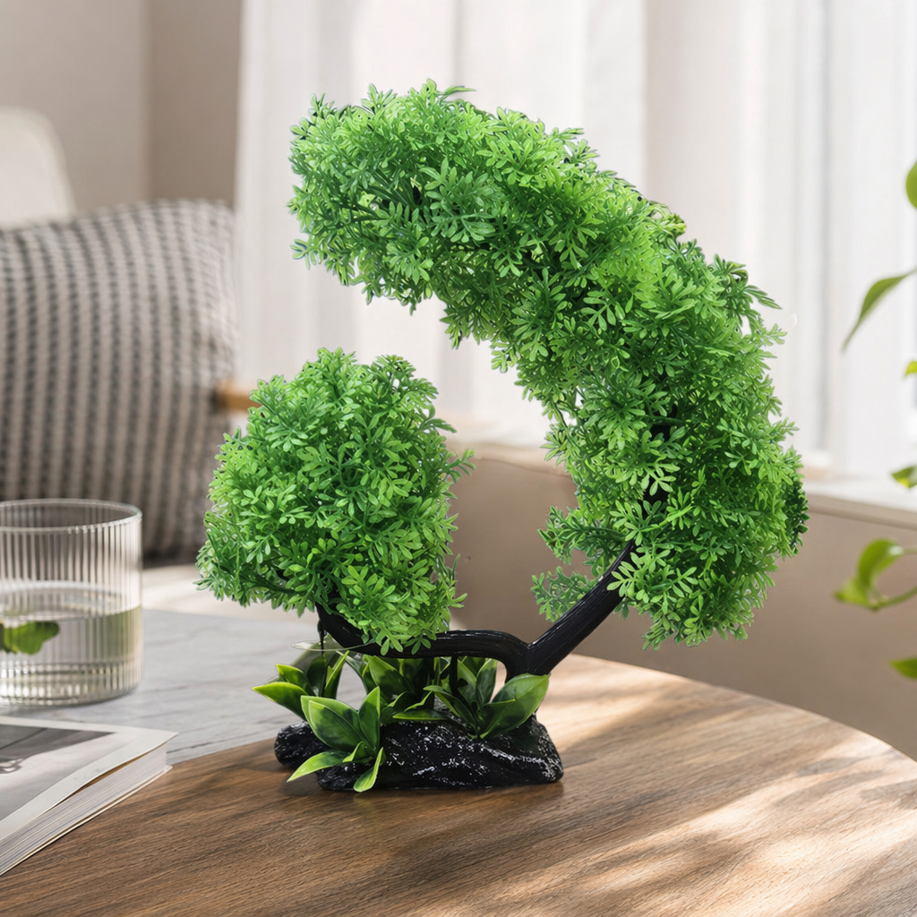 Green artificial bonsai trees, indoor decorative simulation green plant ornaments, suitable for living rooms, bedrooms and balconies details Picture