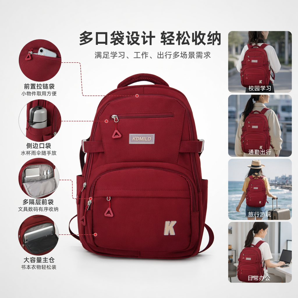 This red backpack is a fashionable student commuting large-capacity, lightweight and wear-resistant travel backpack