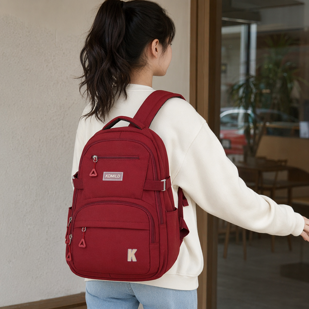 This red backpack is a fashionable student commuting large-capacity, lightweight and wear-resistant travel backpack details Picture