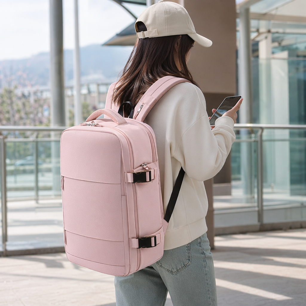 Pink lightweight and fashionable student backpack with adjustable shoulder straps for casual commuting details Picture