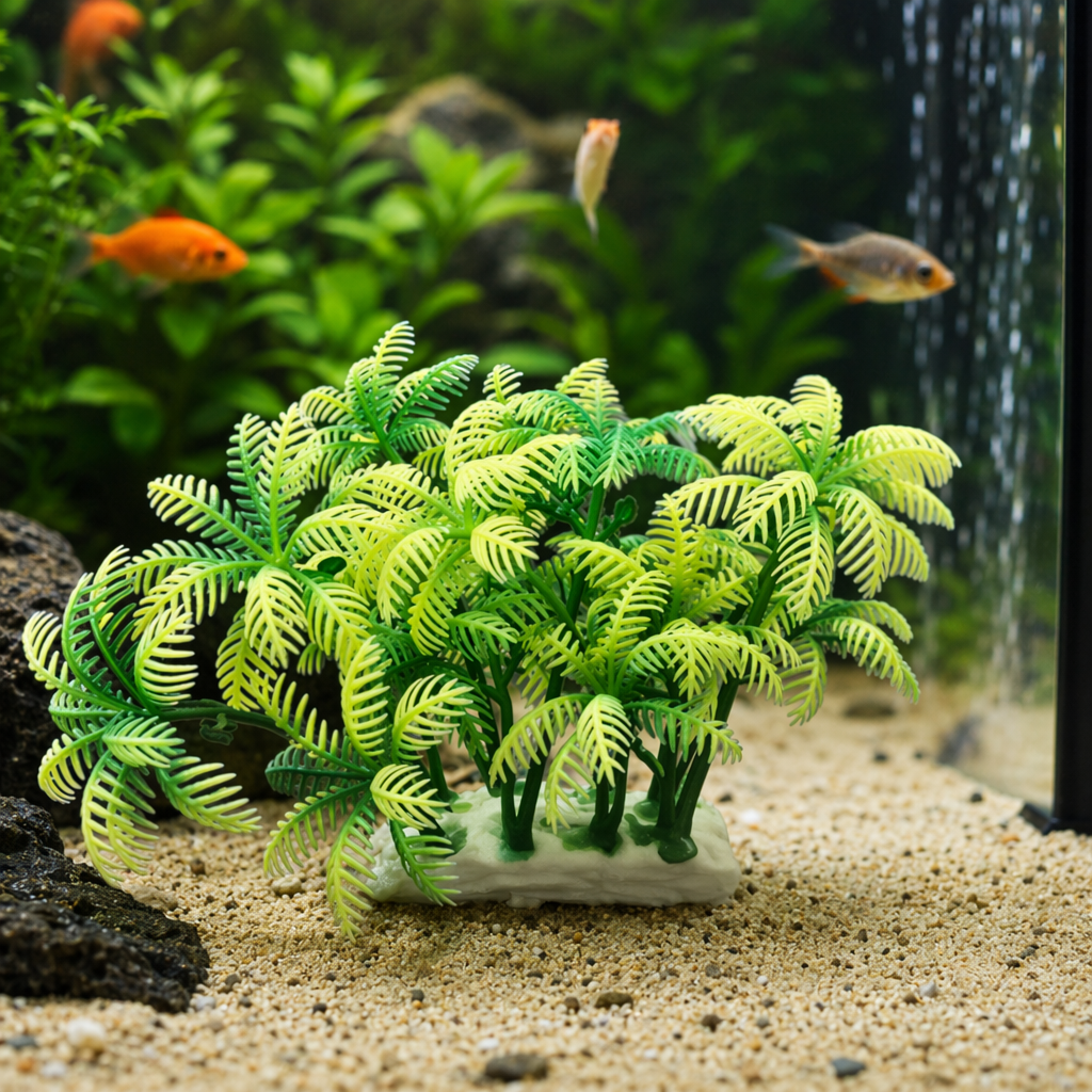 Green and yellow plastic palm tree decorative items for home, courtyard and balcony details Picture