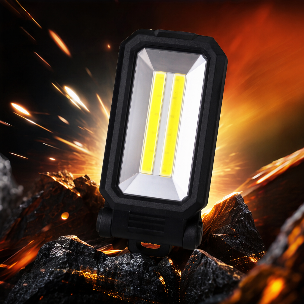The portable rechargeable black LED work light features high brightness and long battery life Specification image