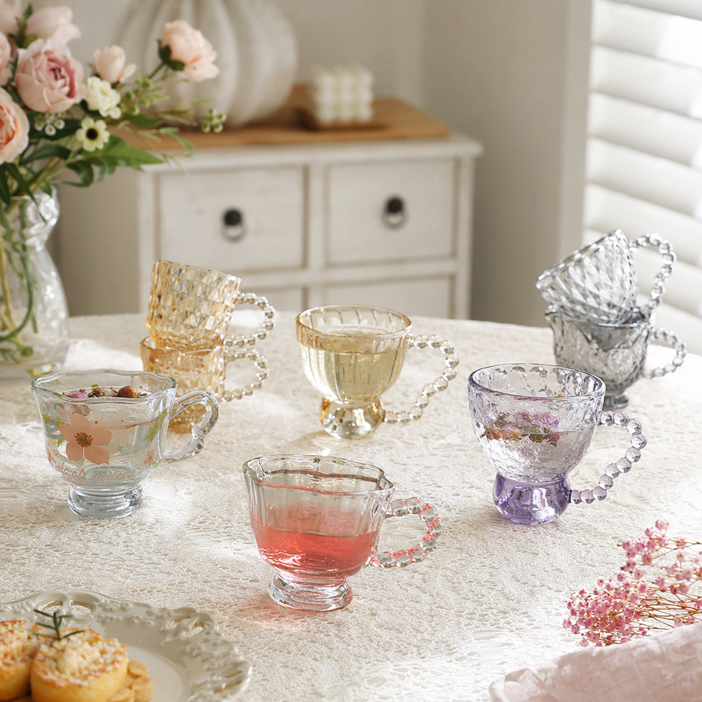 Colored glass cups, transparent glass kettles, cups with beaded handles details Picture