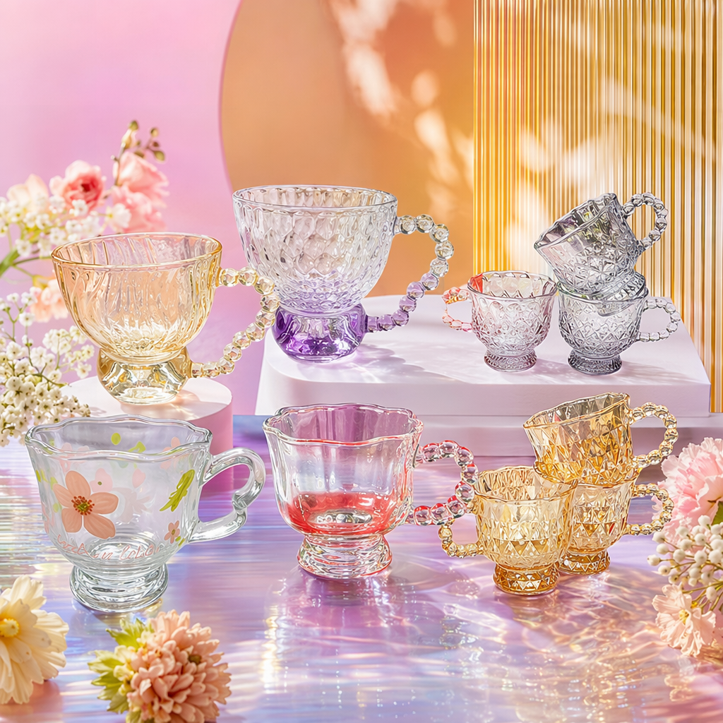 Colored glass cups, transparent glass kettles, cups with beaded handles Specification image