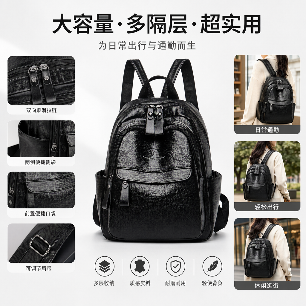 This black textured fashionable casual backpack has a large capacity, is lightweight and wear-resistant, and is suitable for business commuting