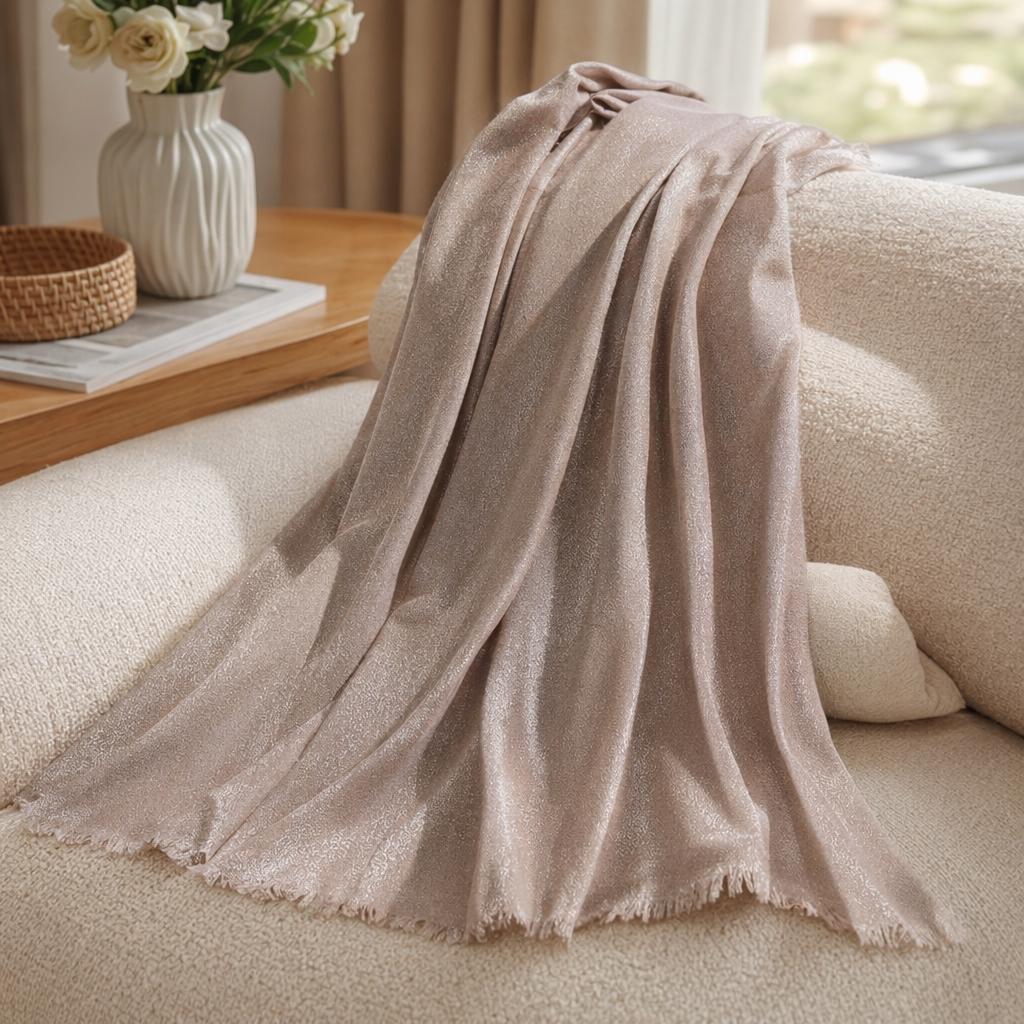 Beige bright silk knitted scarf is a fashionable, versatile and warm accessory for autumn and winter details Picture